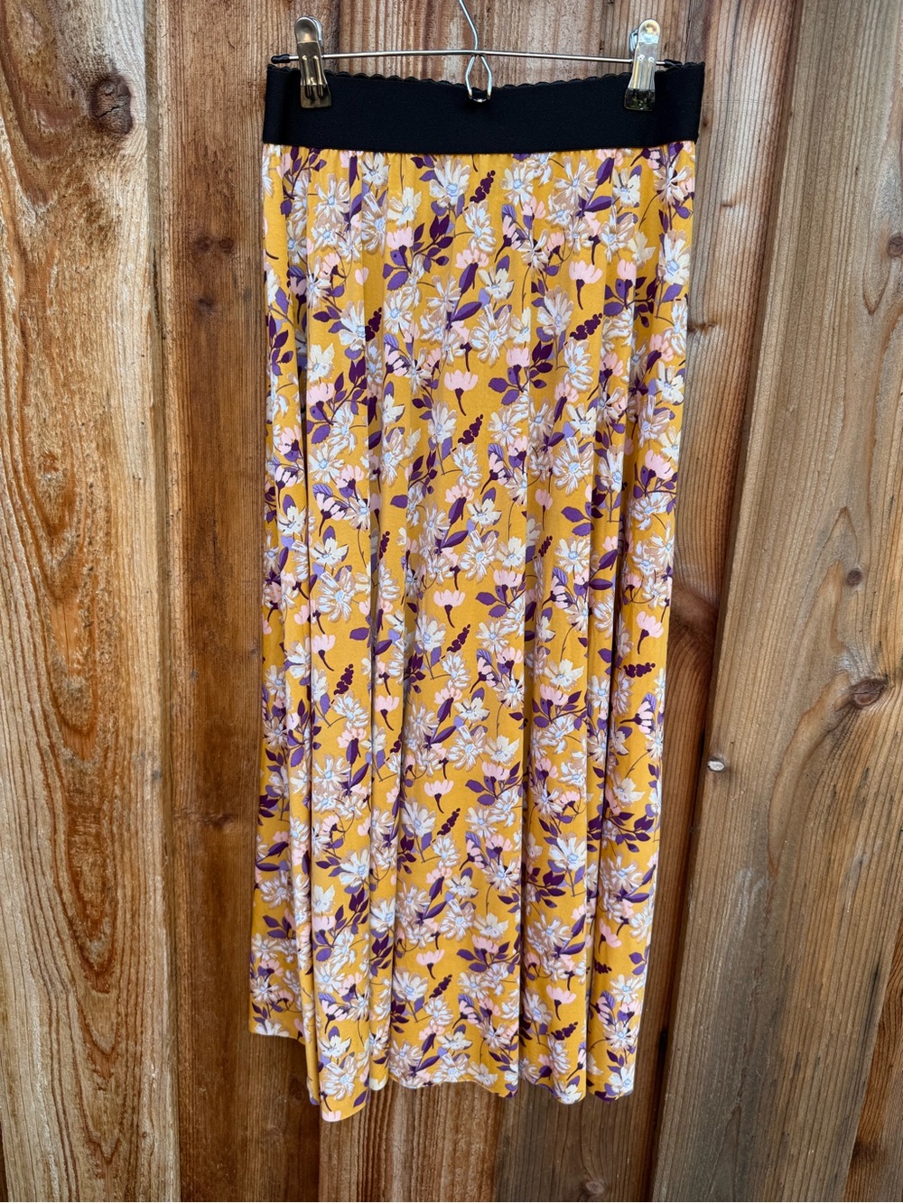 Floral Midi Skirt with Black Waistband - Mustard Yellow